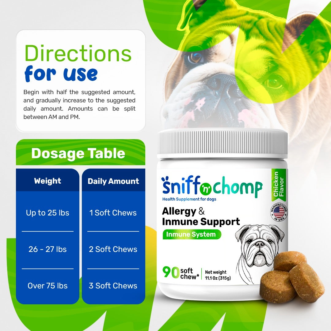 sniff 'n' chomp allergy & immune support for dogs – chicken flavor – 90 soft chews – skin, coat & immune system support – with colostrum, turmeric, salmon oil, apple cider vinegar & probiotics - sniff 'n' chomp