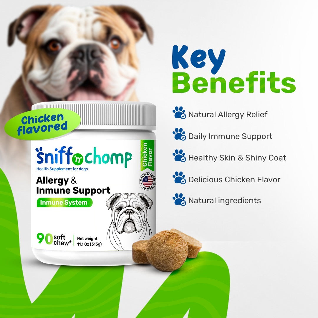 sniff 'n' chomp dog allergy supplement – chicken flavor – with colostrum, turmeric, salmon oil, apple cider vinegar & probiotics