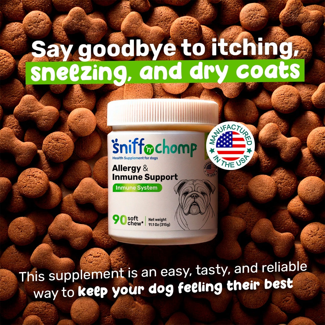 sniff 'n' chomp dog allergy supplement – chicken flavor – with colostrum, turmeric, salmon oil, apple cider vinegar & probiotics