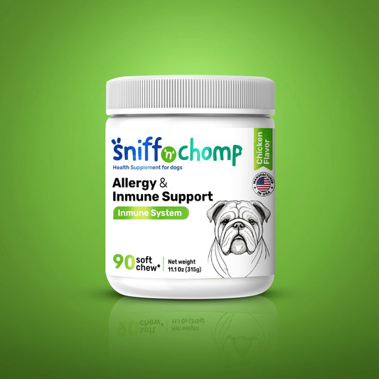 Sniff 'n' Chomp Dog Allergy Supplement – Chicken Flavor – with Colostrum, Turmeric, Salmon Oil, Apple Cider Vinegar & Probiotics